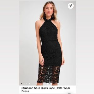 Lulus Strut and Stun Black Lace Halter Midi Dress